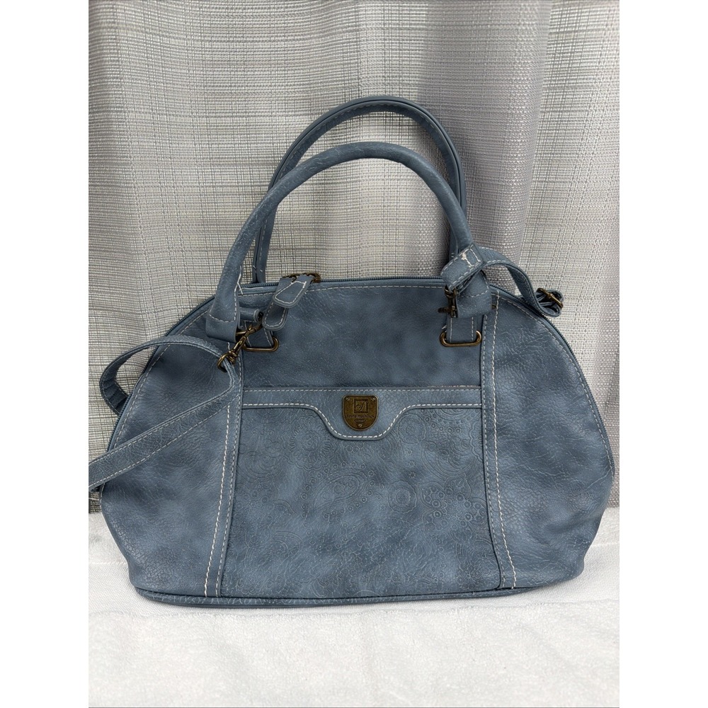 Stone Mountain Light Blue Leather Handbag Satchel Full Zipper Purse Embossed
